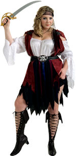 Adult Caribbean Pirate Queen Costume includes dress, waistcoat, belt and headsash.