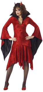 Includes dress with satin lined sleeves and stand up collar, sequin devil horns and tights.