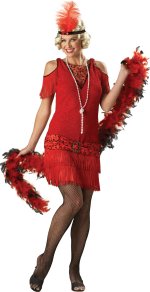 Includes red dress with gold sparkle finish detailed with fringe, gold buckle and two tone lace, plu