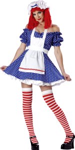 Includes polka-dot dress, petticoat, apron, hat, yarn wig and red/white striped stockings.