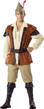 Includes tunic trimmed with vinyl and metal studs, lace up shirt, trousers, hat with feather, belt a