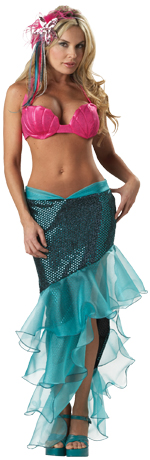 Includes shimmer shell bra top, sequined skirt with organza fin plus starfish headpiece.