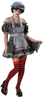 Includes tattered skull print mini dress with attached apron, petticoat, hat, wig and stockings.