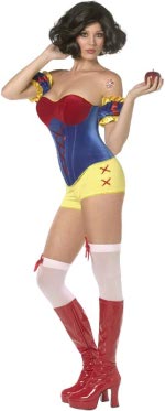 The Adult Female Rebel Toons Snow White Costume includes a red and blue corset with red lace-up deta