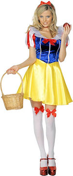 The Adult Fever Fairytale Costume includes a yellow, blue and red dress with silver detailing and wh