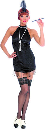 The Adult Flapper Costume in black includes a short black dress with faux jewel detailing around hem