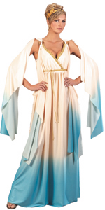 Includes toga gown with gold trim and attached belt, plus headress.
