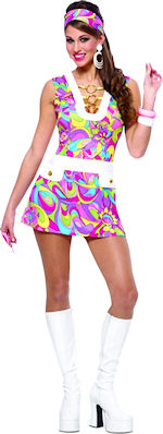 Includes a short psychedelic dress with gold buttons and golden ring detailing. Also included is a m