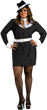 Adult Gun Moll costume includes dress, belt, hat and tie.