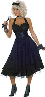 The Adult Material Girlie Costume includes a long black halterneck dress with black netted trim.