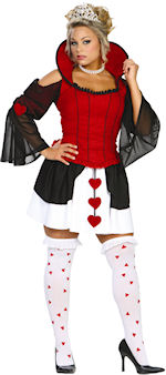 The Adult Queen of Harlots Costume includes a stretch twill corset top with heart shaped collar, she