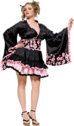 The fuller figure Adult 3 Piece Cherry Blossom Costume includes a top, skirt and waist cincher with 