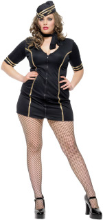 The fuller figure Adult 3 Piece Miss Layover Costume includes a gold trimmed dress, hat and scarf.