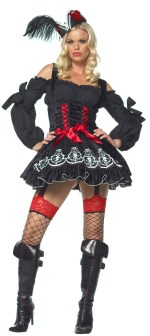 The Adult Treasure Hunt Wench Costume includes a peasant top dress with double lace up and skull pri
