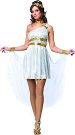 The Adult Venus Diva Costume includes a shimmering pleated dress with attached white cape and golden