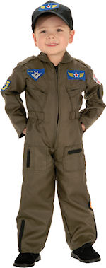 Includes authentic looking flight suit with zippers, patches and cap.