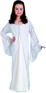 Costume includes white dress with silver brocade finishing.