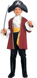 This costume consists of Captain's hat, jacket, jabot, waist sash and elasticated trousers with 