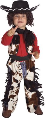 Costume includes hat with attached yarn hair, jumpsuit with attached neck scarf, vest and belt.