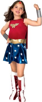 Includes dress with attached cape, belt, boot tops, bracelets and headpiece.