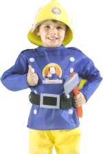 Deluxe boxed Fireman Sam costume includes jacket, trousers, helmet, belt, torch and axe.