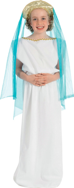 The Child Greek Girl Costume includes a one size white gown with veil and crown.