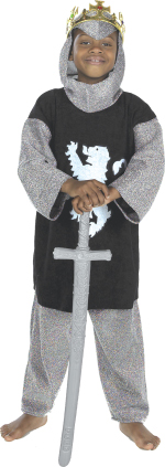 The Child Lion Heart Costume includes a black tunic with White Lion motif, silver metallic fabric sl