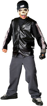 Teen ghoul rider costume includes vest, half mask and gloves.