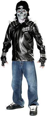 Teen metal skull biker costume includes jacket, mask and gloves.