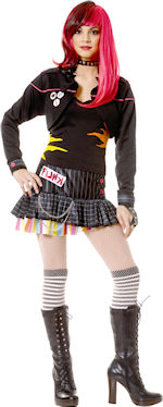 The Teen Punk Rockstar Costume includes a black jacket with red and yellow detailing and badges, a s