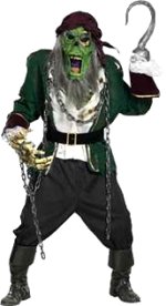 Manufactured in Hollywood, walk around costume includes pirate shirt, jacket, belt, trousers, chains
