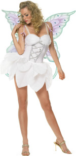 The Adult 2 Piece Winter Fairy includes a snowflake print bodysuit and flower petal skirt.