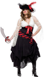 The fuller figure Adult 3 Piece Gold Doubloon Pirate Costume includes a lace sleeved top, long skirt