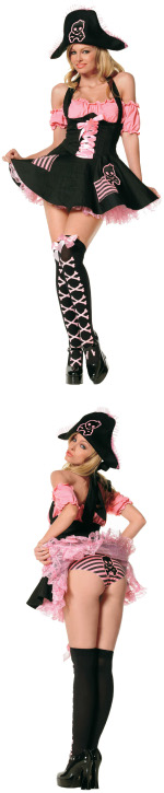 The Adult 3 Piece Treasure Hunt Pirate Costume includes a hat with skull applique, a lace up front p