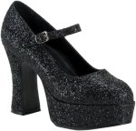 One pair of black glitter shoes featuring 4 inch heels and silver buckle detail.