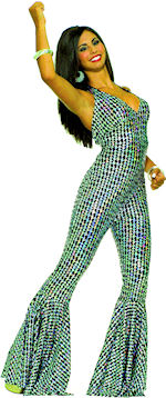 The Adult Boogie Dancin Babe Costume includes a silver and black halterneck jumpsuit with flared leg