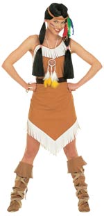 Costume includes dress with belt and headband with feathers.