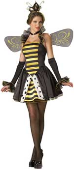 Includes dress with collar, petticoat, fingerless gloves, elbow-length cuffs, crown, wings, stocking