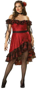 Adult Elite Quality Fuller Figure Spicy Senorita Costume includes dress, choker and headpiece.