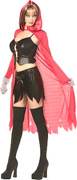 The Adult Rebel Toons Red Riding Hood Costume includes a long cape with hood and skull detailing, a 