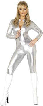 Costume includes zip-up metallic silver catsuit.
