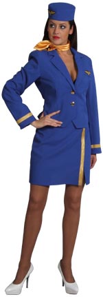 Deluxe quality flight attendant costume includes skirt, jacket and hat.