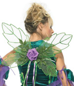 One pair of forest fairy wings with central purple flower and purple and green ribbon detailing.