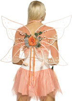 One pair of peach garden fairy wings featuring a central peach coloured flower, surrounded by foliag