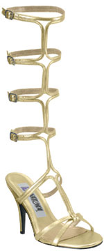 One pair of gold goddess sandals featuring 4 inch heels and leg buckle fastenings.