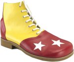 One pair of mens clowns shoes in red and yellow with white star detailing. One size fits most.