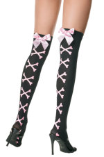 Black stockings with pink crossbone detailing and pink bows.