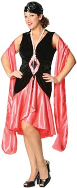 The Adult fuller figure Puttin on the Ritz Costume in coral includes a twenties style velour and cre