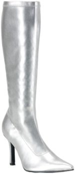 One pair of silver knee high boots featuring 3.75 inch heels and pointed toes.