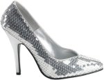 One pair of silver sequined shoes with 5 inch heels.